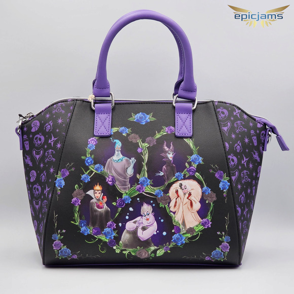 Loungefly Disney Villains Floral Icons Purple Black Crossbody Satchel Bag New - Picture 2 of 7